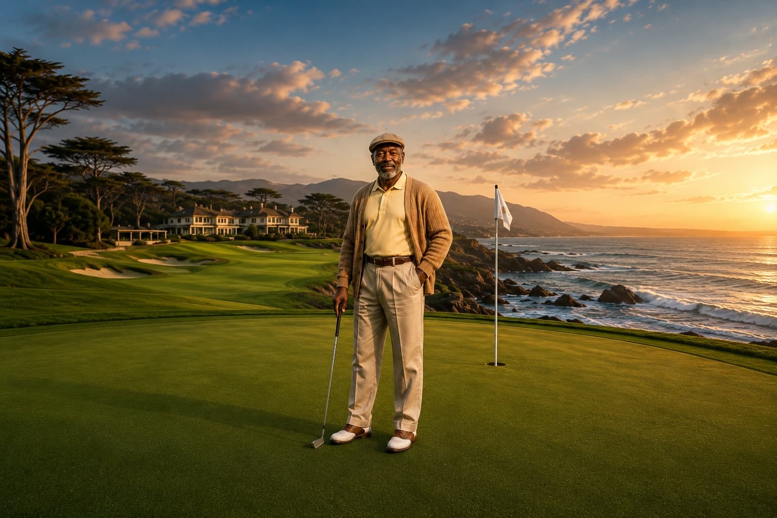 Chubbs AI standing on a coastal golf green at sunset