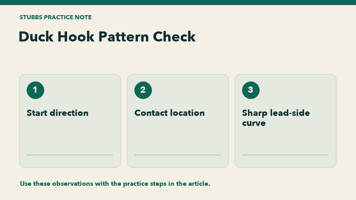 Duck Hook Pattern Check: Start direction, Contact location, Sharp lead-side curve.