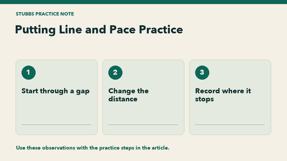 Putting Line and Pace Practice: Start through a gap, Change the distance, Record where it stops.