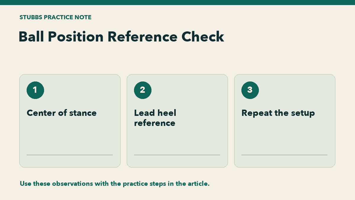 Ball Position Reference Check: Center of stance, Lead heel reference, Repeat the setup.
