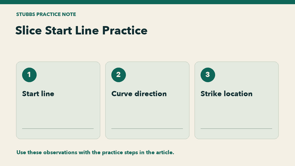 Slice Start Line Practice: Start line, Curve direction, Strike location.