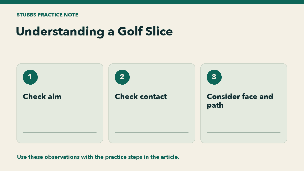 Understanding a Golf Slice: Check aim, Check contact, Consider face and path.